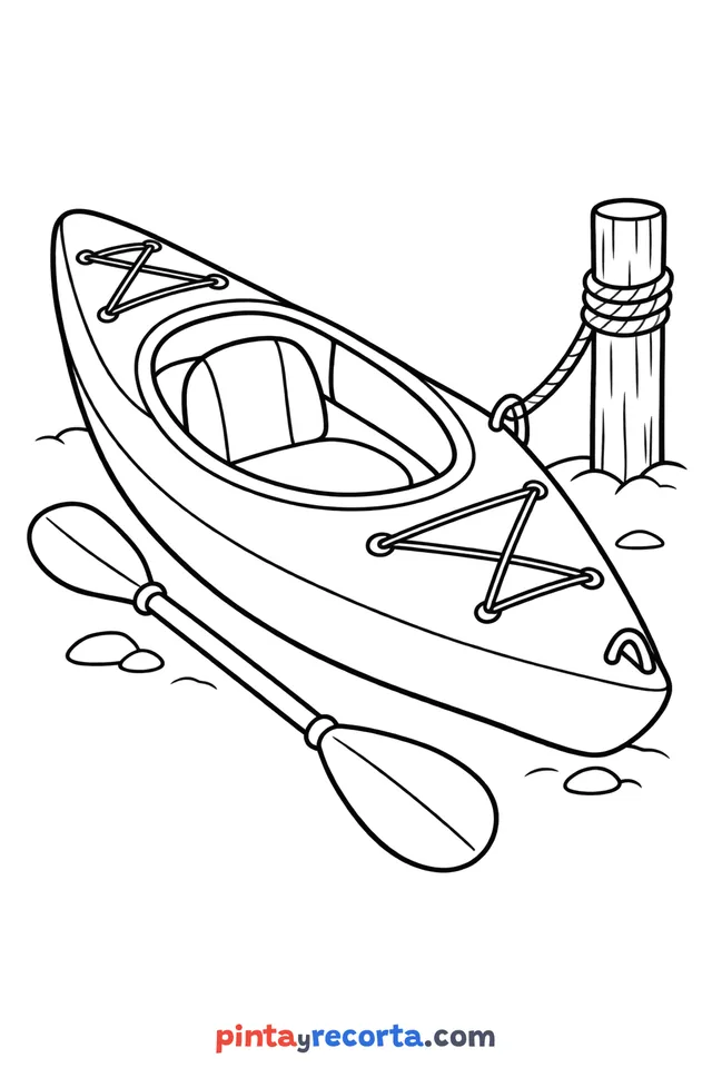 Dibujo de kayak para colorear en reposo, nivel básico con trazos gruesos y áreas grandes