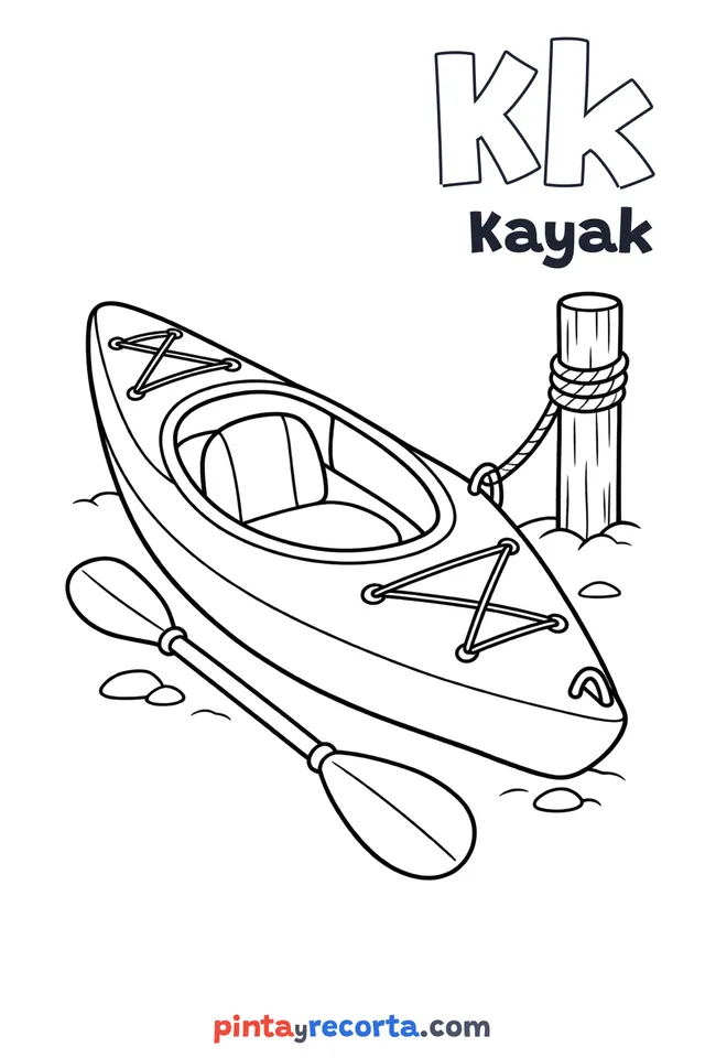 Dibujo de kayak para colorear con la letra Kk y la palabra Kayak, nivel básico