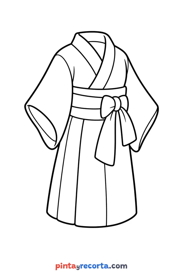 Kimono coloring page: with an obi belt and wide sleeves, easy level with thick outlines and big spaces