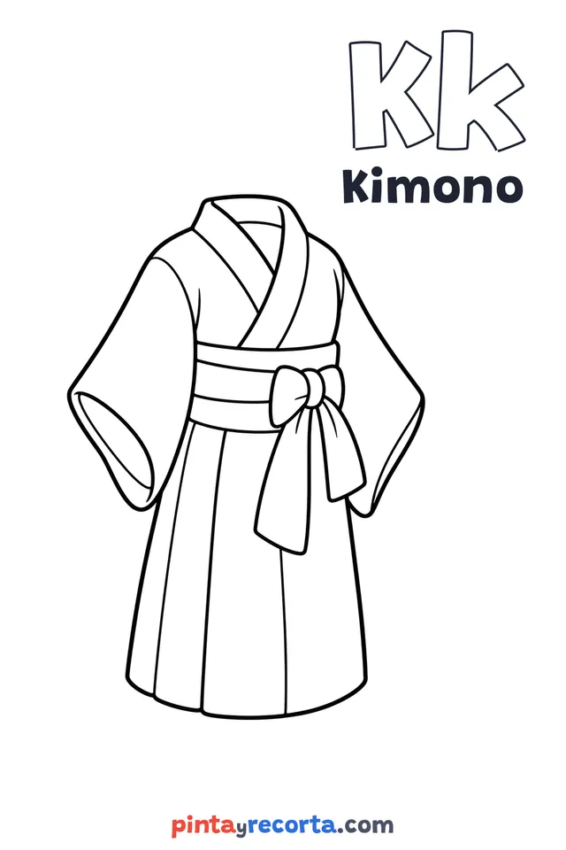 Dibujo de kimono para colorear con la letra Kk y la palabra Kimono, nivel básico