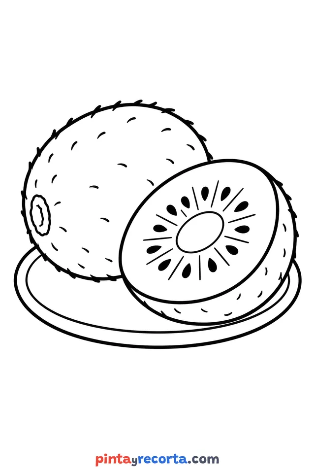 Kiwi coloring page: served on a plate, easy level with thick outlines and big spaces