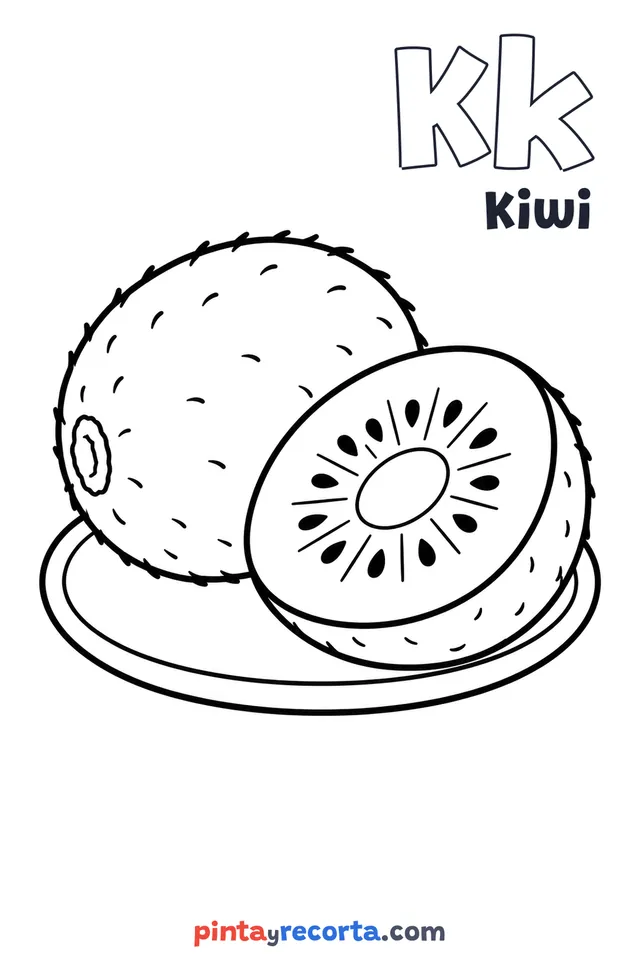 Kiwi coloring page with the letter Kk and the word Kiwi, easy level