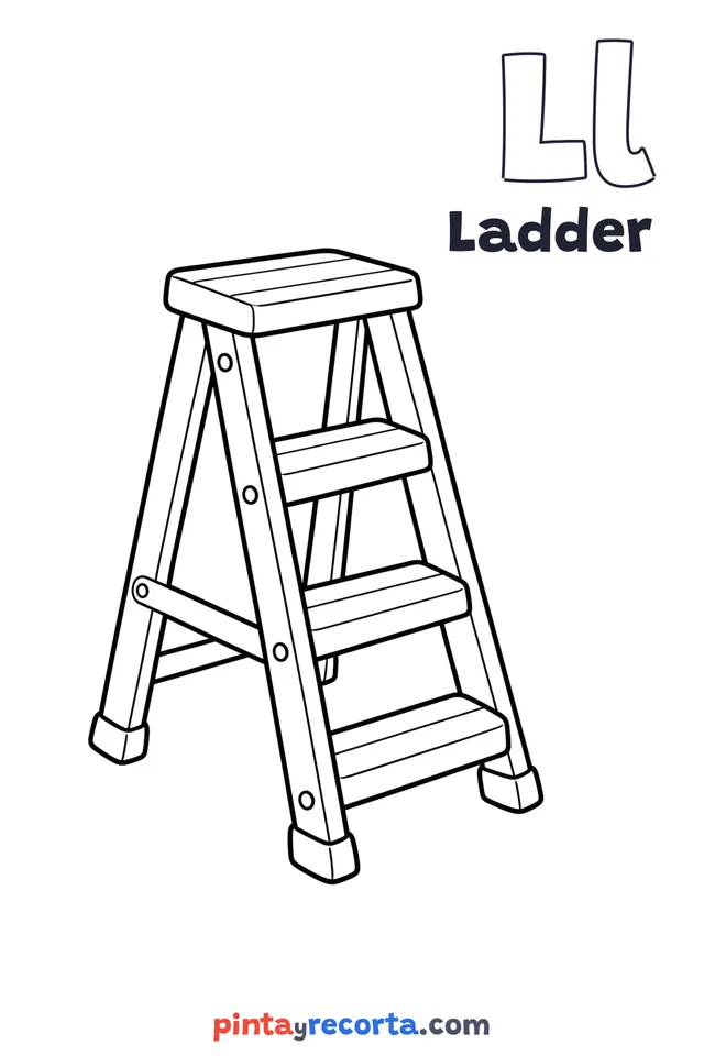 Ladder coloring page with the letter Ll and the word Ladder, easy level