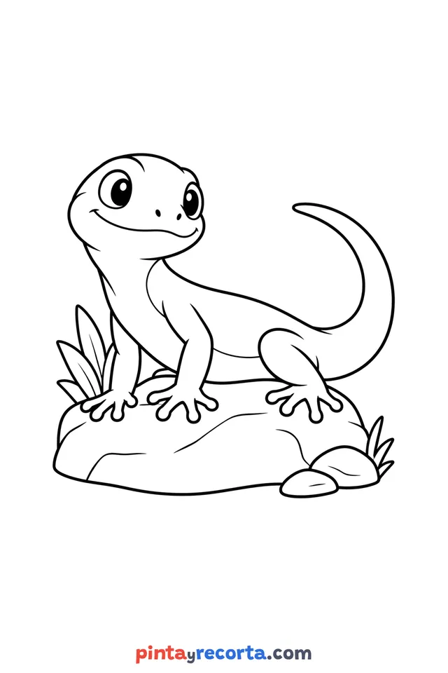 Dibujo de lagartija para colorear de cuerpo completo en pose tranquila, nivel básico con trazos gruesos y áreas grandes