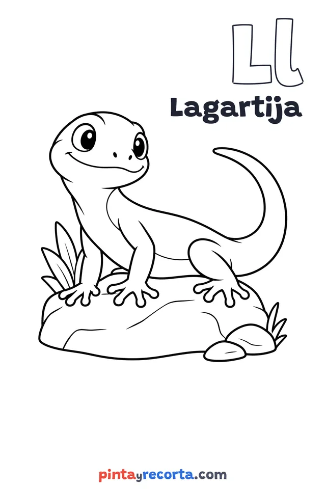 Dibujo de lagartija para colorear con la letra Ll y la palabra Lagartija, nivel básico