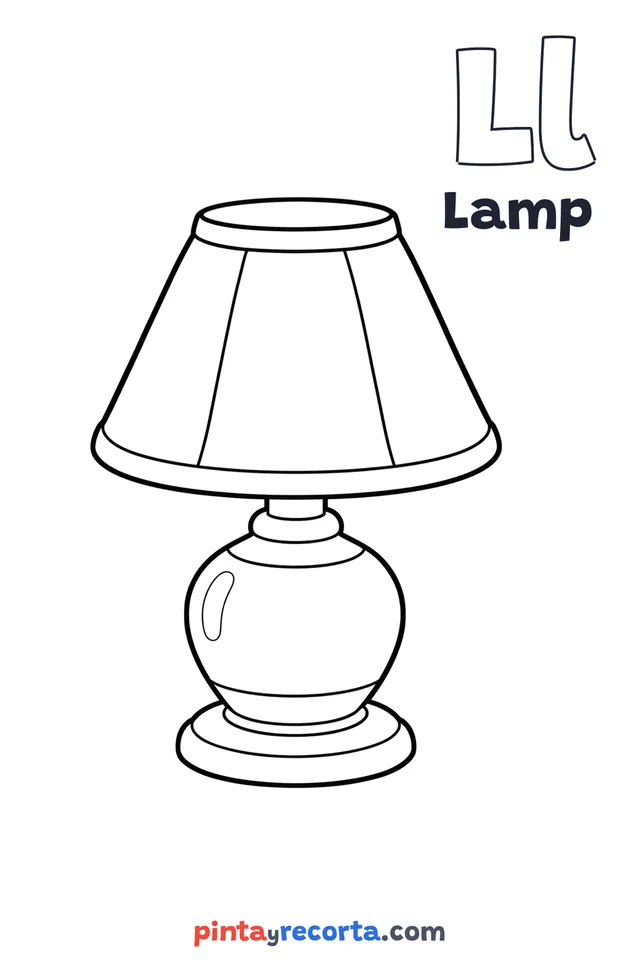 Lamp coloring page with the letter Ll and the word Lamp, easy level