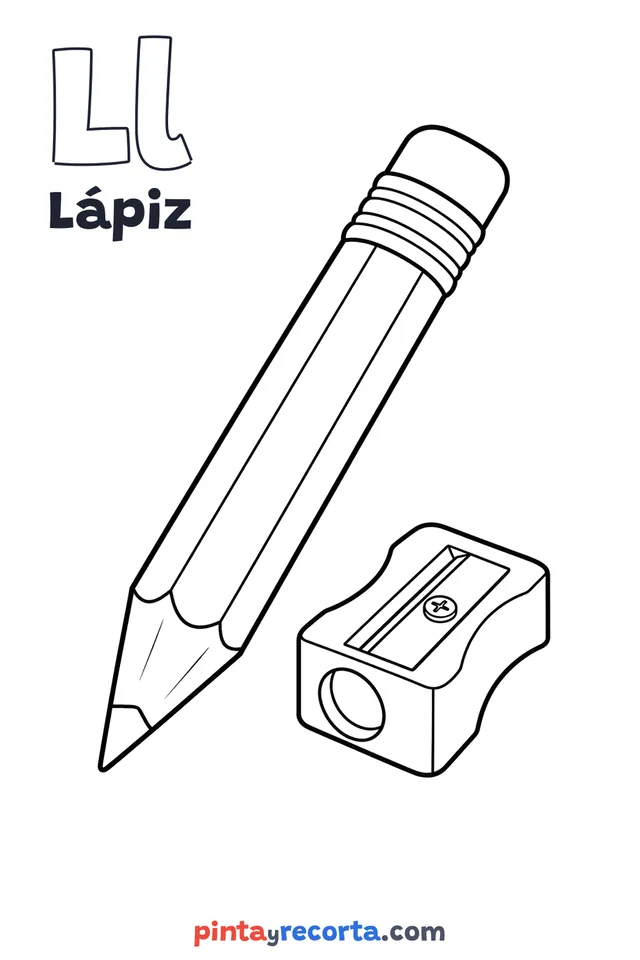 Dibujo de lápiz para colorear con la letra Ll y la palabra Lápiz, nivel básico