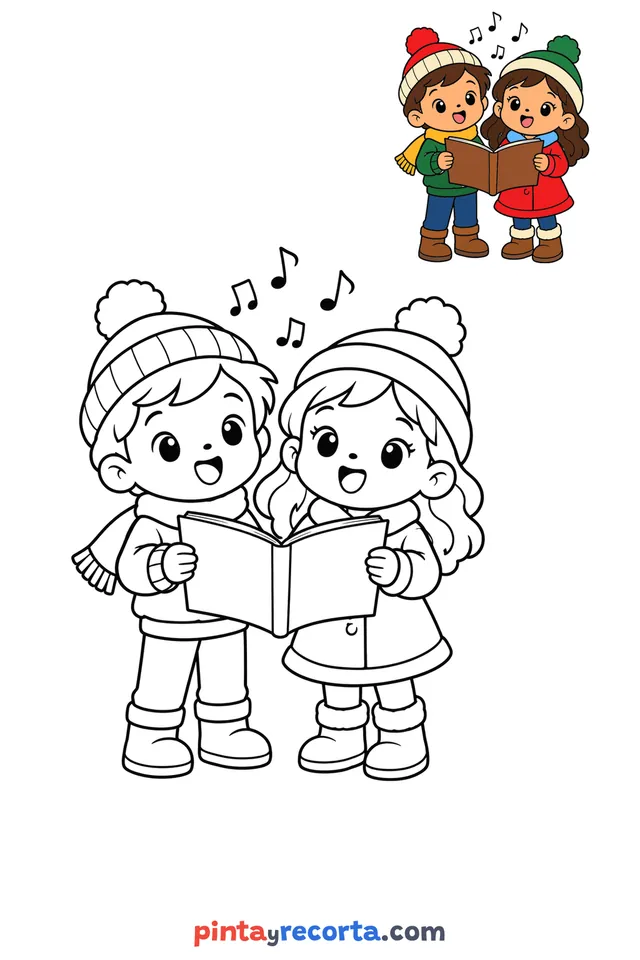 Christmas carol coloring page with a small color guide, easy level