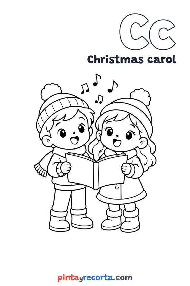 Christmas carol coloring page with the letter Cc and the word Christmas carol, easy level