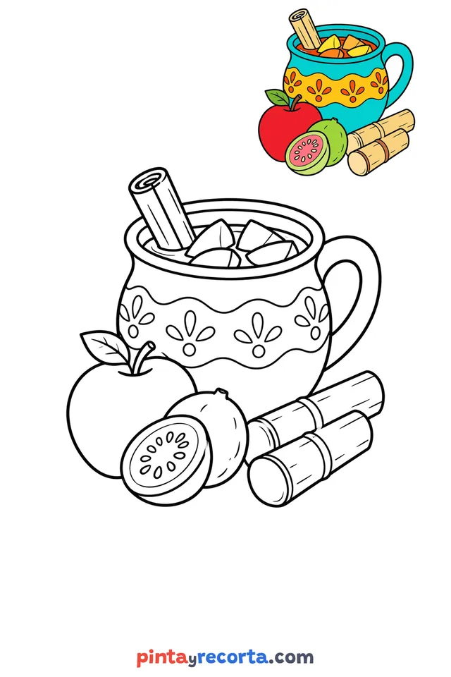 Fruit punch coloring page with a small color guide, easy level
