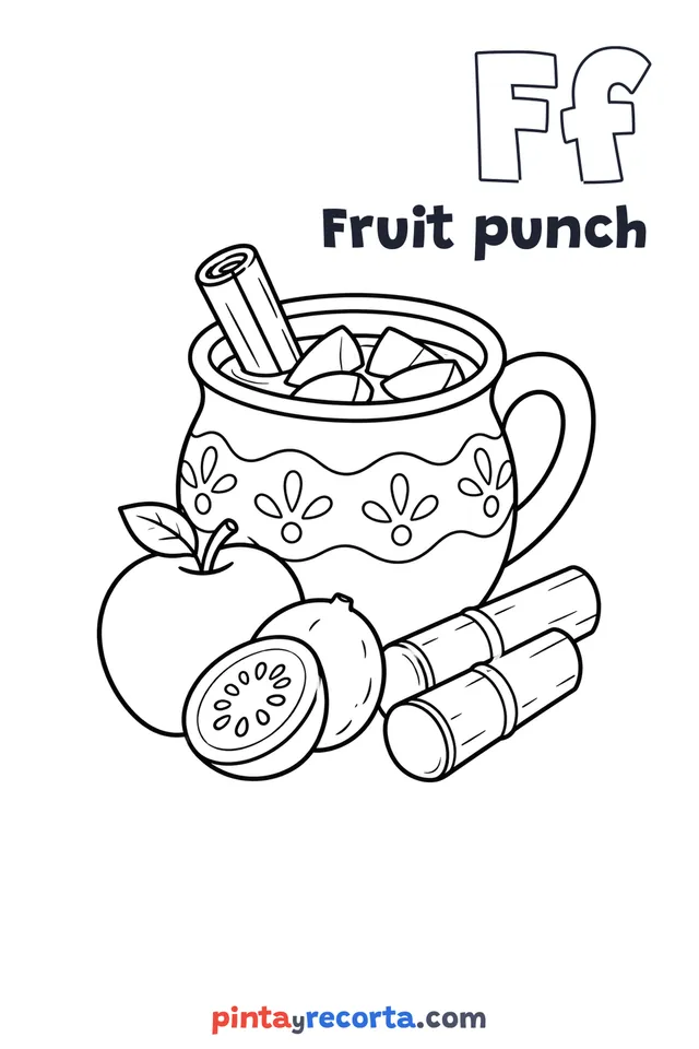 Fruit punch coloring page with the letter Ff and the word Fruit punch, easy level