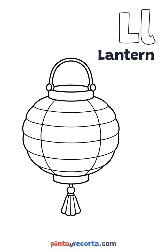 Lantern coloring page with the letter Ll and the word Lantern, easy level