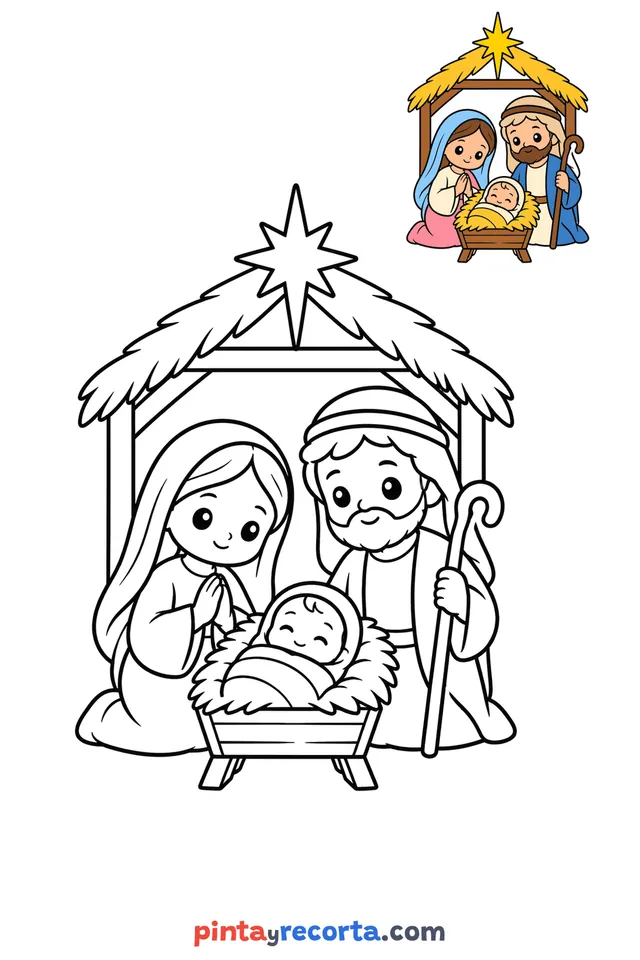 Nativity scene coloring page with a small color guide, easy level