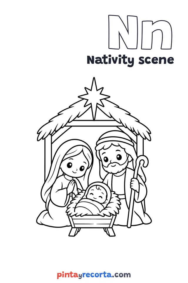 Nativity scene coloring page with the letter Nn and the word Nativity scene, easy level