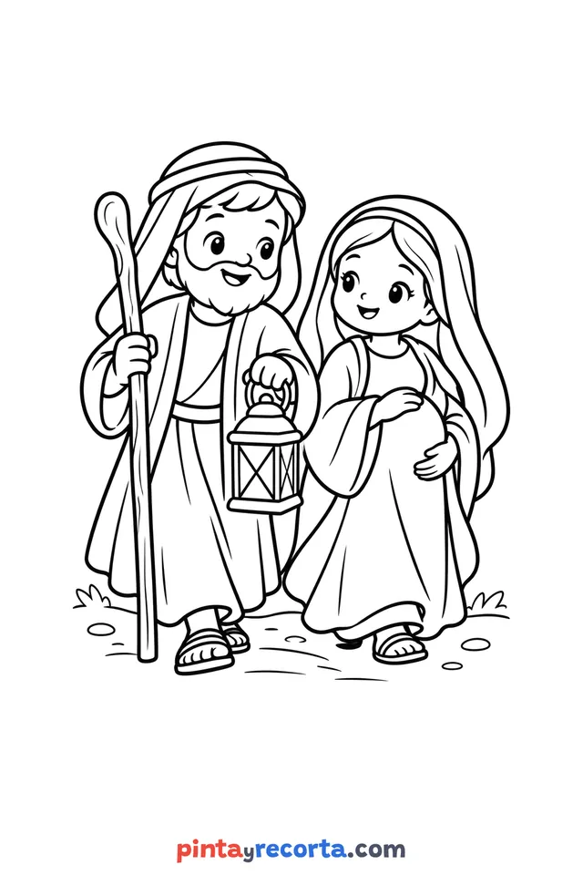 Las Posadas pilgrims coloring page, easy level with thick outlines and big spaces