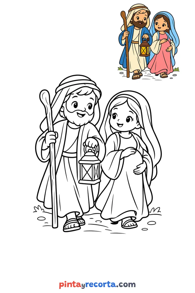 Pilgrims coloring page with a small color guide, easy level