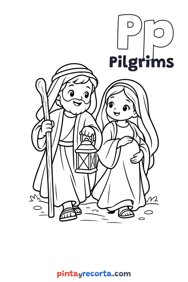 Pilgrims coloring page with the letter Pp and the word Pilgrims, easy level