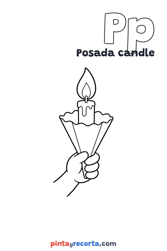 Posada candle coloring page with the letter Pp and the word Posada candle, easy level
