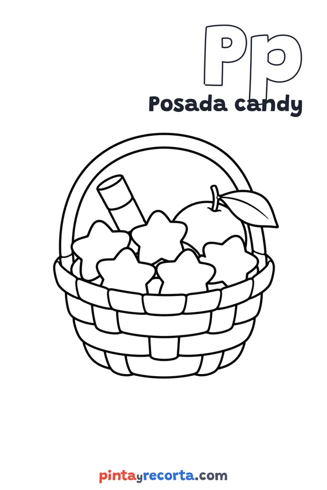 Posada candy coloring page with the letter Pp and the word Posada candy, easy level