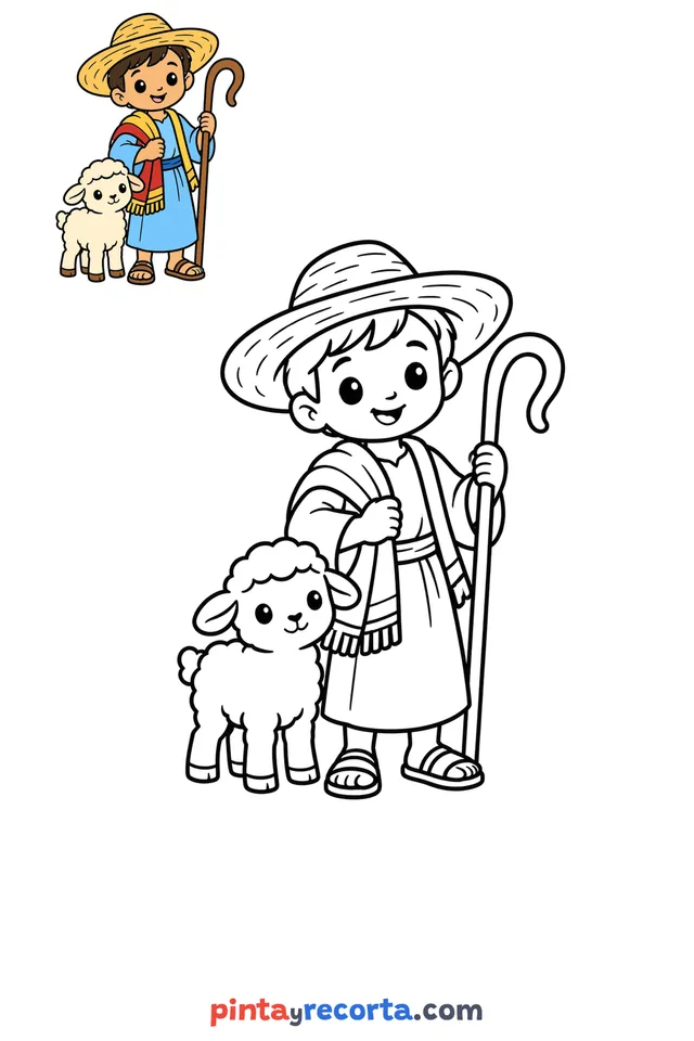 Shepherd coloring page with a small color guide, easy level