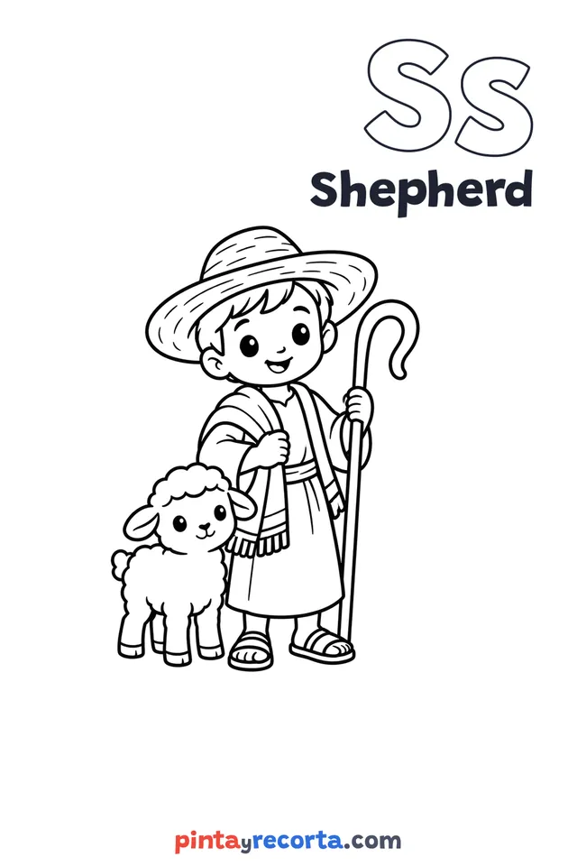 Shepherd coloring page with the letter Ss and the word Shepherd, easy level