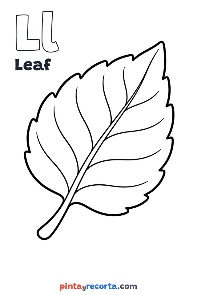 Leaf coloring page with the letter Ll and the word Leaf, easy level