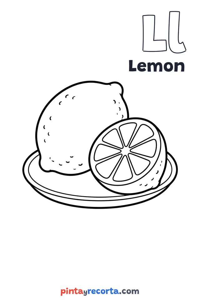 Lemon coloring page with the letter Ll and the word Lemon, easy level