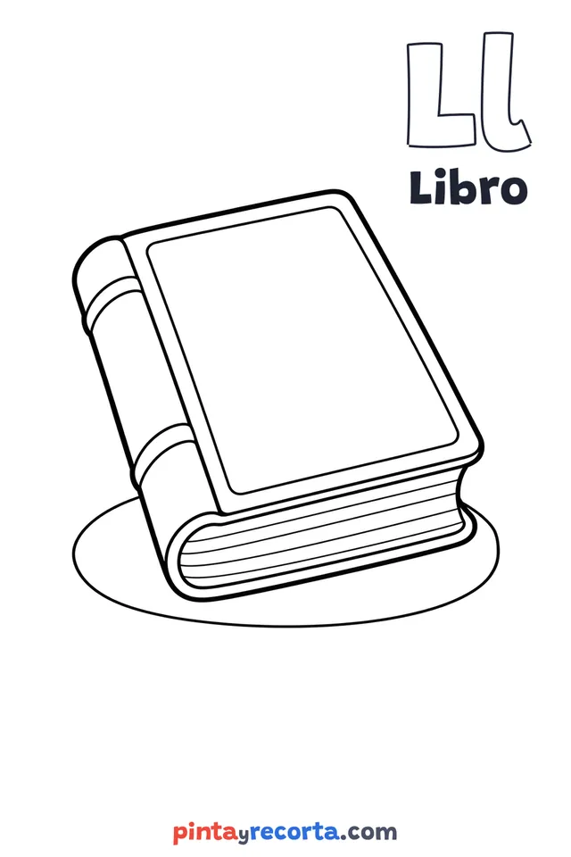 Dibujo de libro para colorear con la letra Ll y la palabra Libro, nivel básico