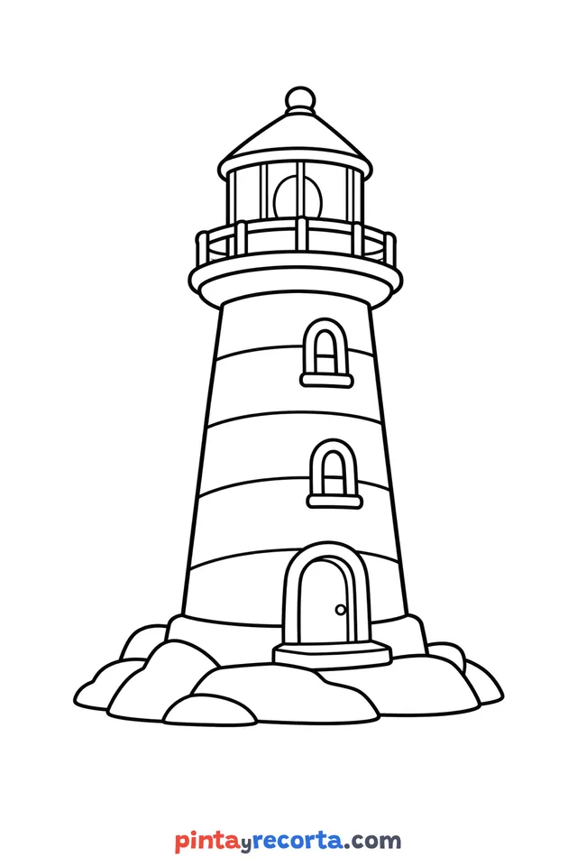 Lighthouse coloring page: in three-quarter view, easy level with thick outlines and big spaces