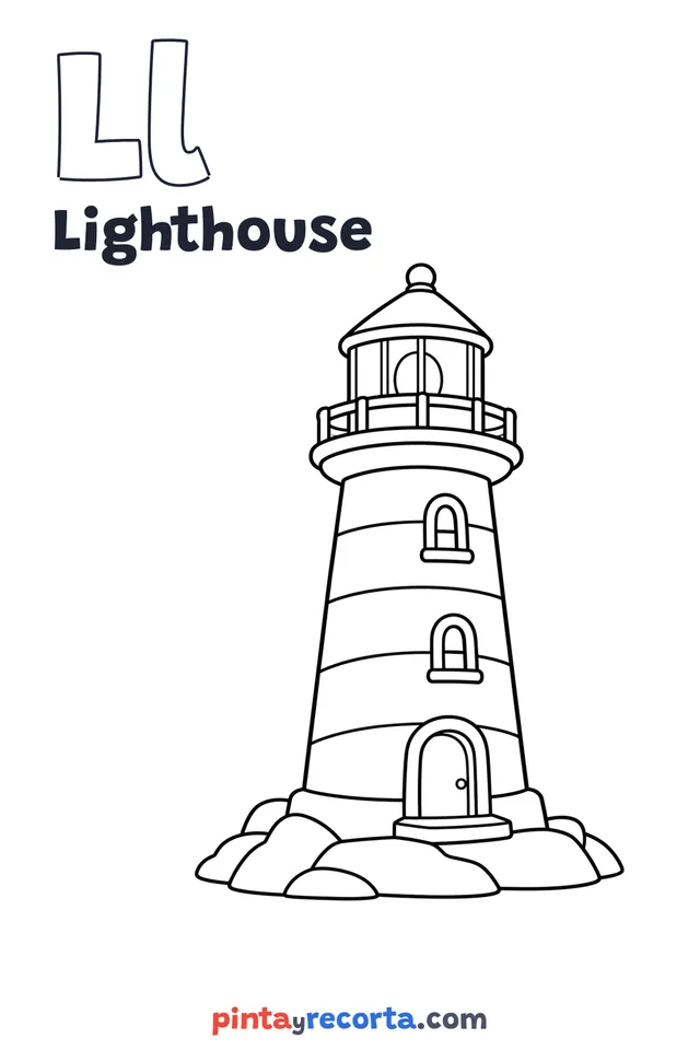 Lighthouse coloring page with the letter Ll and the word Lighthouse, easy level
