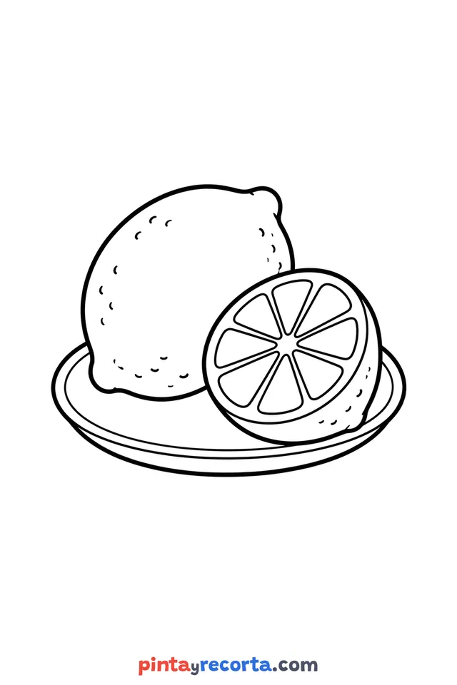 Dibujo de limón para colorear sobre un plato, nivel básico con trazos gruesos y áreas grandes