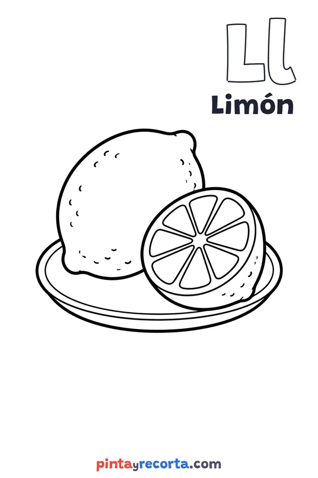 Dibujo de limón para colorear con la letra Ll y la palabra Limón, nivel básico