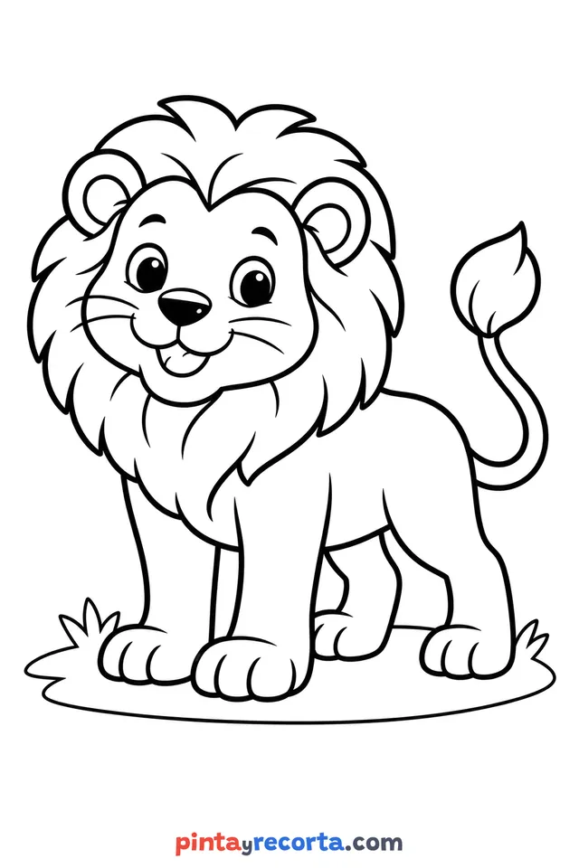 Lion coloring page: full body in a calm pose, easy level with thick outlines and big spaces