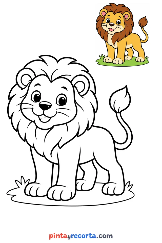 Lion coloring page with a small color guide, easy level