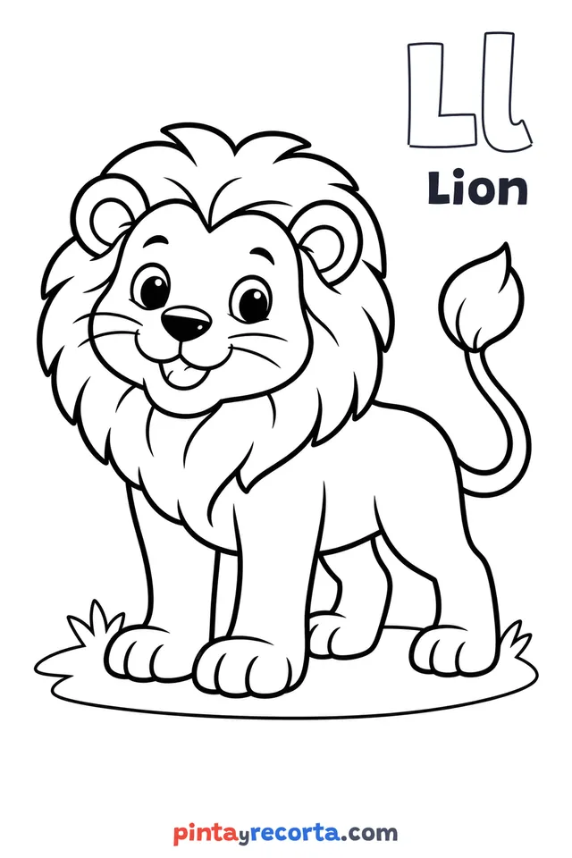 Lion coloring page with the letter Ll and the word Lion, easy level