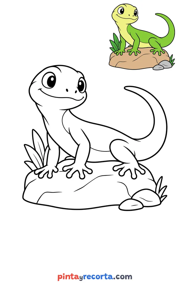 Lizard coloring page with a small color guide, easy level