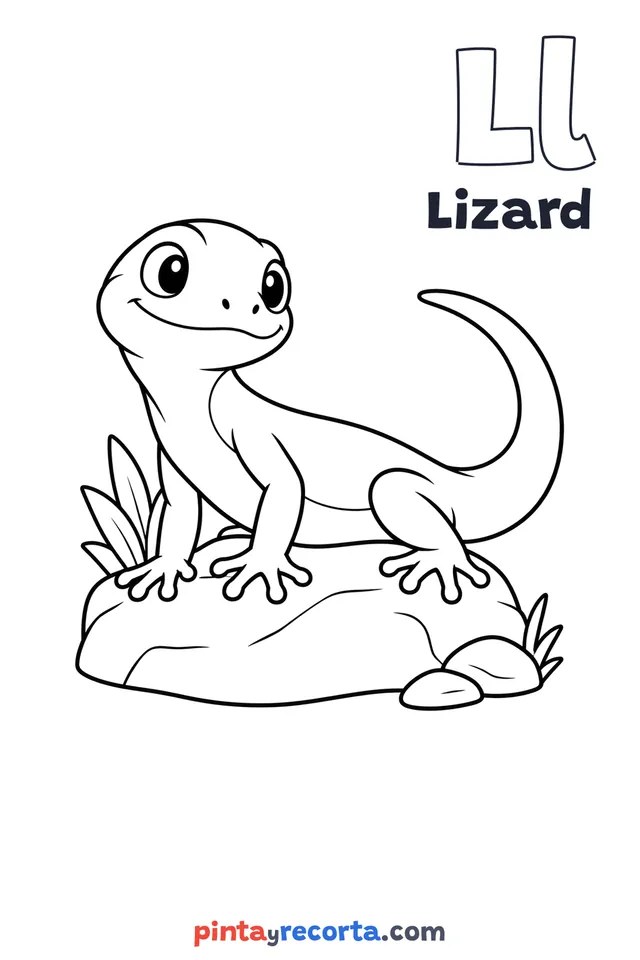 Lizard coloring page with the letter Ll and the word Lizard, easy level