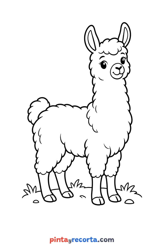 Llama coloring page: standing on the grass, easy level with thick outlines and big spaces
