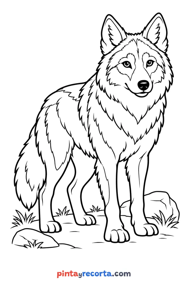 Dibujo de lobo mexicano para colorear de cuerpo completo en pose tranquila, nivel básico con trazos gruesos y áreas grandes