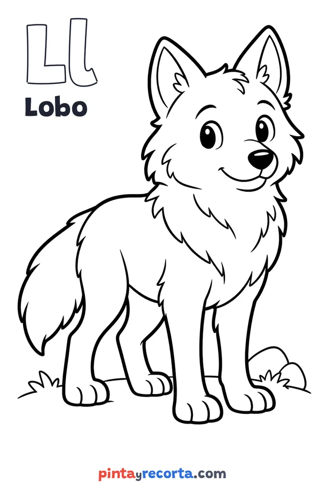 Dibujo de lobo para colorear con la letra Ll y la palabra Lobo, nivel básico