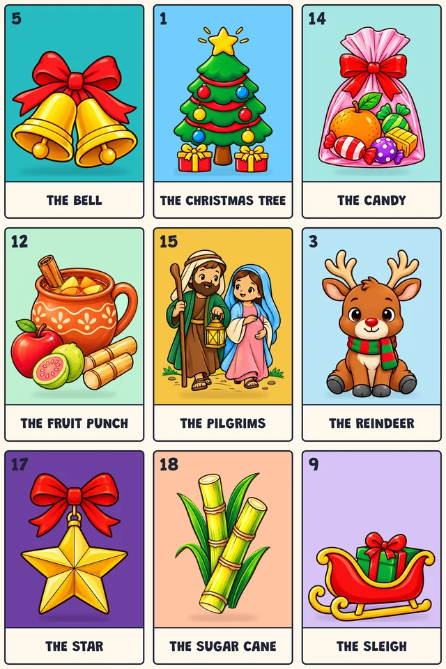 Christmas Lotería board with 9 full-color cards