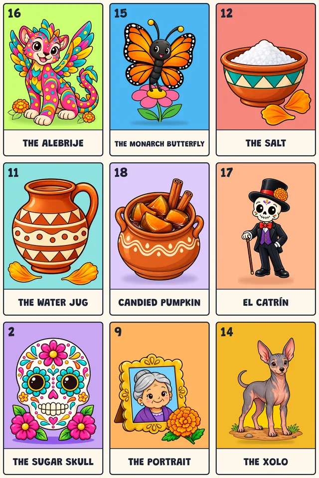 Day of the Dead Lotería board with 9 full-color cards