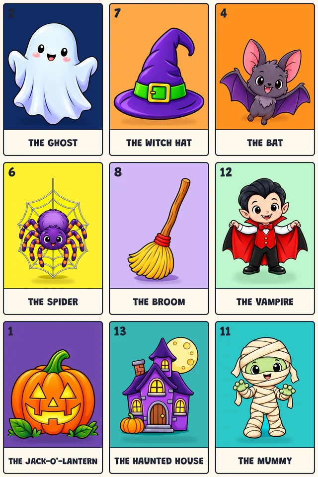 Halloween Lotería board with 9 full-color cards