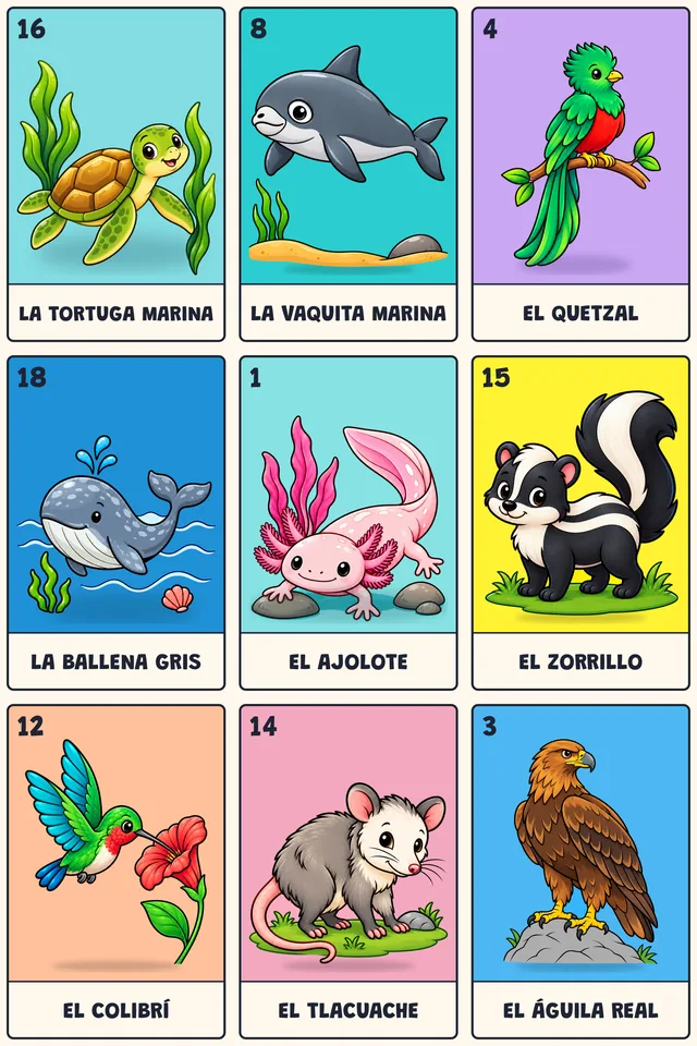 Tabla de la lotería de animales de México con 9 cartas de animales a color