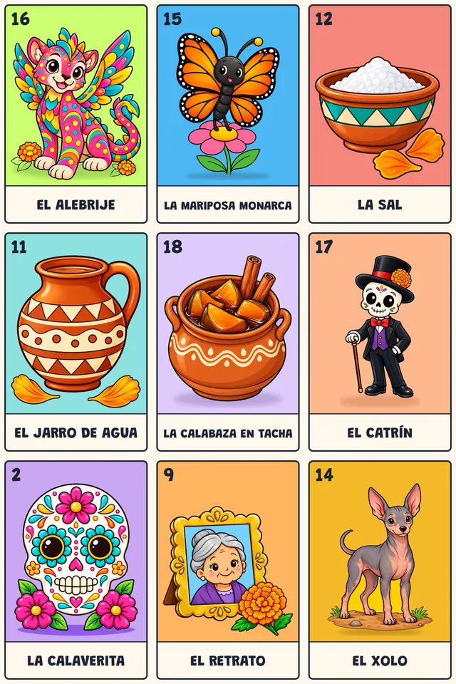Tabla de la lotería de Día de Muertos con 9 cartas a color
