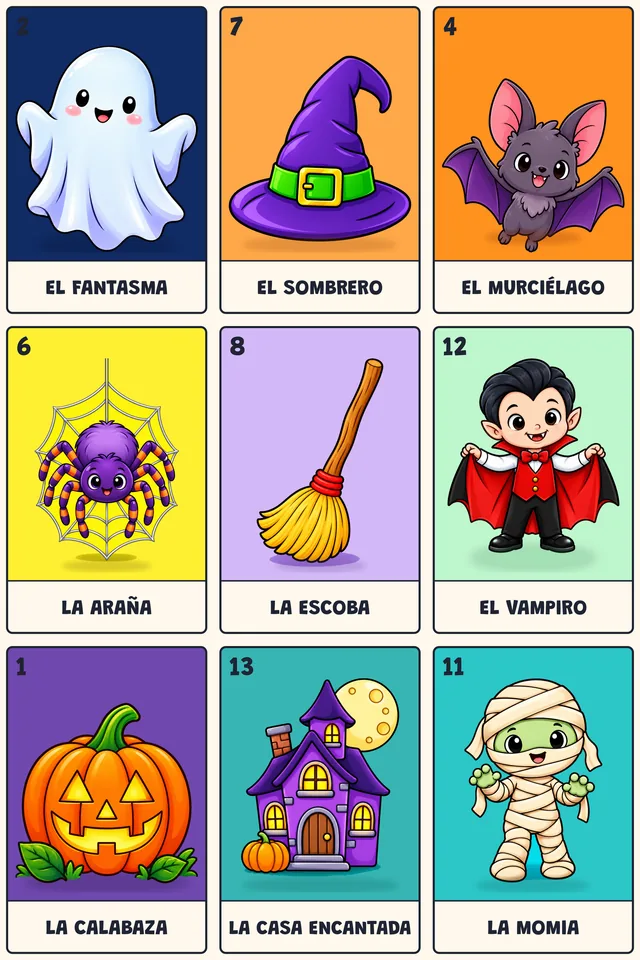 Tabla de la lotería de Halloween con 9 cartas a color