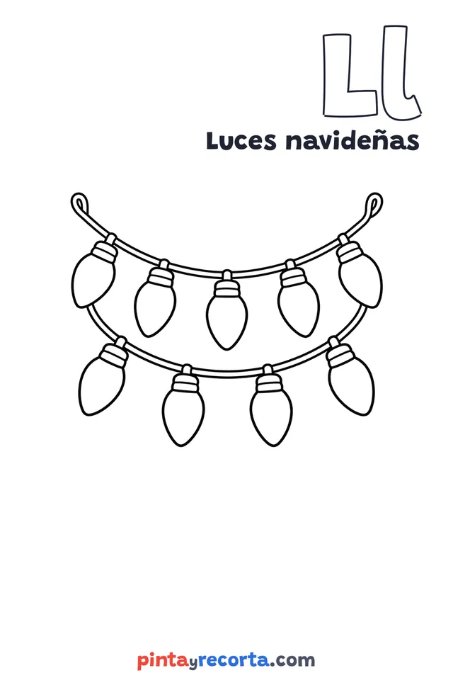 Dibujo de luces navideñas para colorear con la letra Ll y la palabra Luces navideñas, nivel básico
