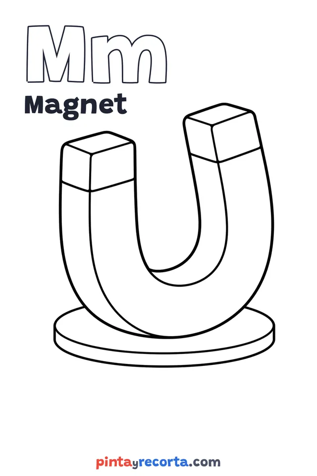 Magnet coloring page with the letter Mm and the word Magnet, easy level