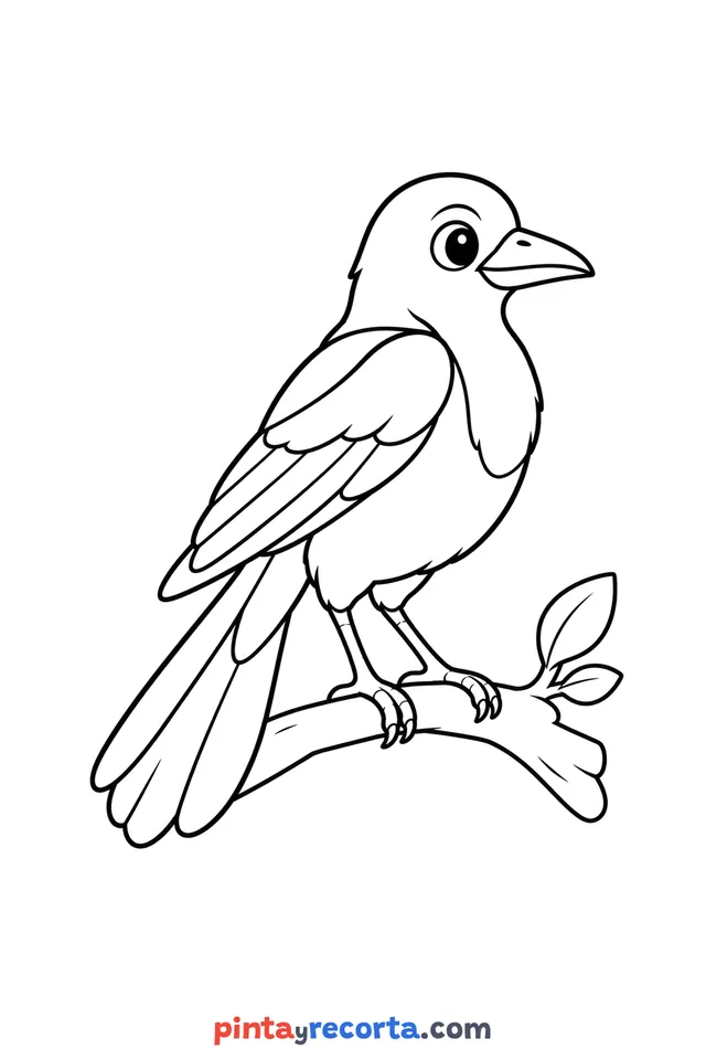 Magpie coloring page: perched on a branch, easy level with thick outlines and big spaces