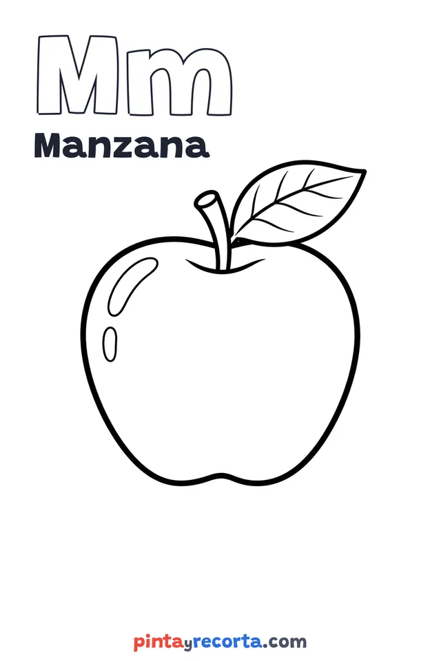 Dibujo de manzana para colorear con la letra Mm y la palabra Manzana, nivel básico